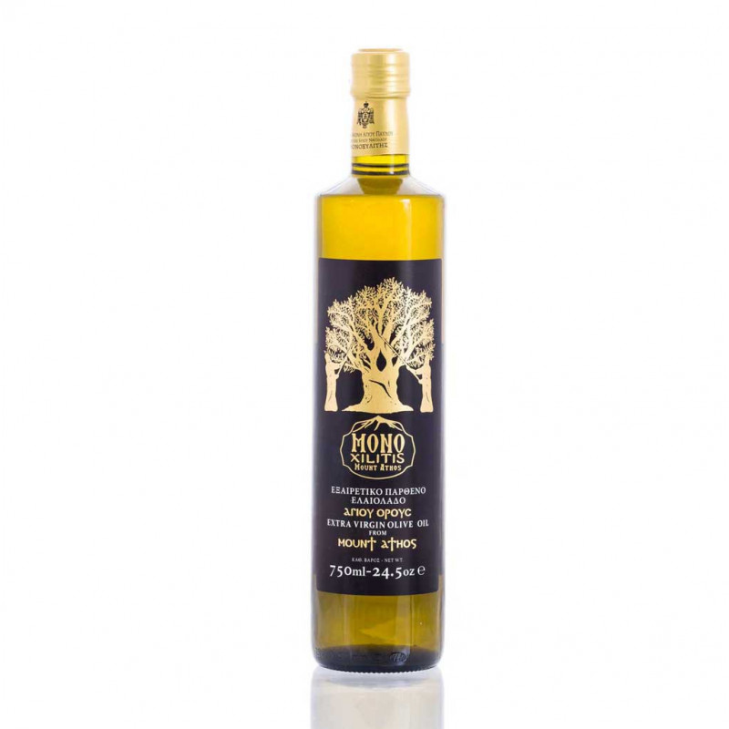 Huile d'olive vierge extra monastique du Mont Athos Grèce  issue d'olives sauvages récoltées main extraction à froid fruité vert
