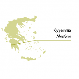 Carte de grèce pointant vers Kyparissia en Messénie, lieu de production de l'ail doux à l'origan et huile d'olive Arcadia