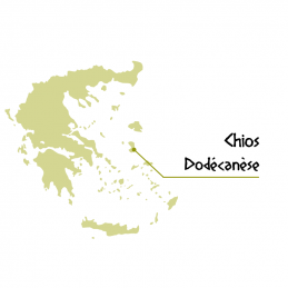 Carte de la Grèce pointant vers l'île de Chios dans le Dodécanèse, lieu de production du confit de pétales de roses de Chios