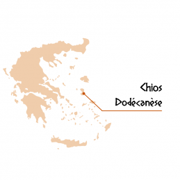 Carte de Grèce pointant vers l'île de Chios, lieu de récolte de la menthe sauvage, et séchée naturellement par Aegean Herbs