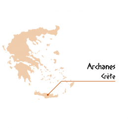 Carte de Grèce pointant vers Archanes en Crète, lieu de production des amandes naturelles sans sel.