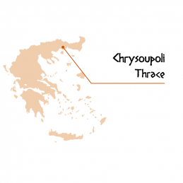 Carte de la grèce pointant vers Chrysopouli en thrace, lieu de production de Makedoniki Gi