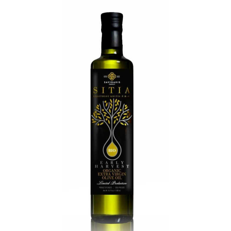 Huile d'olive vierge extra crétoise bio famille SAVIDAKIS AOP Lassithi Kriti Crète  extraite à froid et non filtrée charpentée