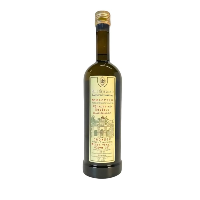 Huile d'olive vierge extra de Crète produite par le monastère Chrysopigi en bouteille verre de 75 cl
