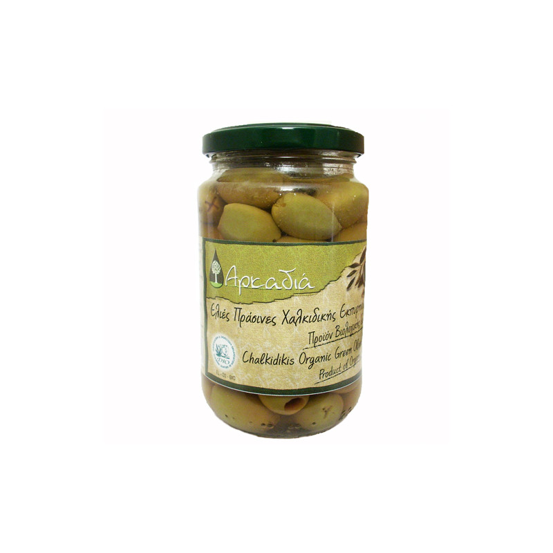 Olives vertes naturelles  Chalkidiki dénoyautées en saumure à l'huile d'olive vierge extra - ARCADIA - 210 g net égoutté