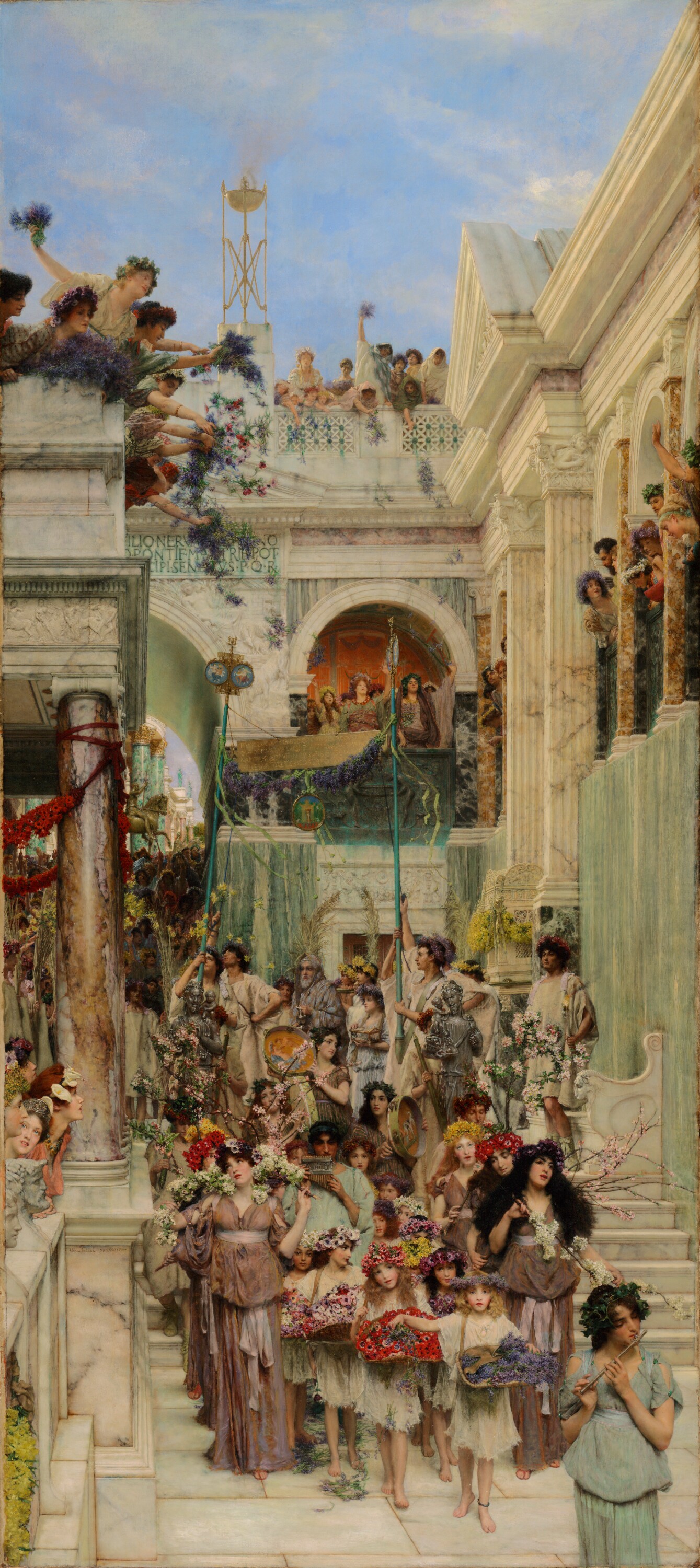 peinture sur huile : procession en l'honneur du printemps en rome antique, peint par Lawrence Alma-Tadema, 1894